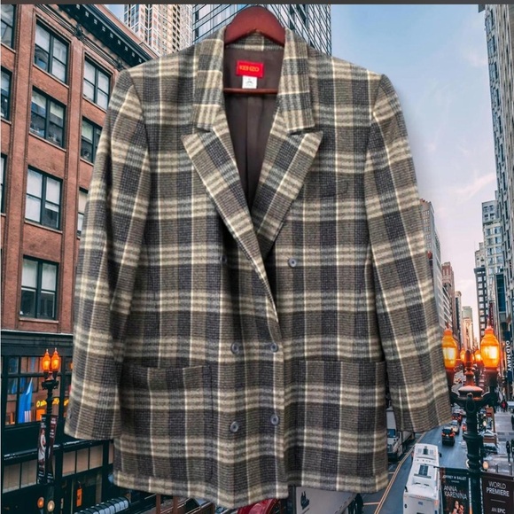 Vintage KENZO Paris Oversized Blazer 100% wool plaid size 40 women's blazer - Picture 1 of 9